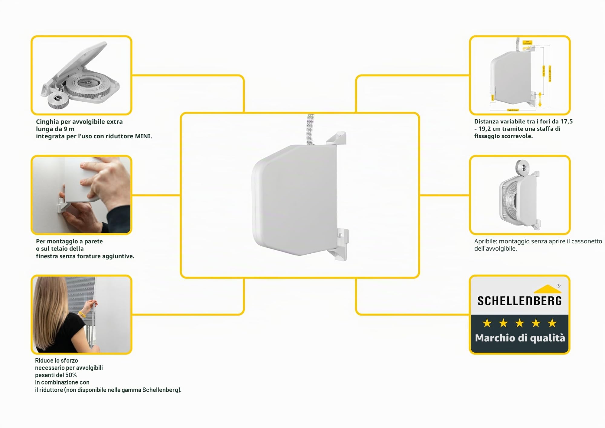 Schellenberg 50147 Flexo Mini avvolgitore per cinture ad ingranaggi con 9 m di fettuccia, bianco