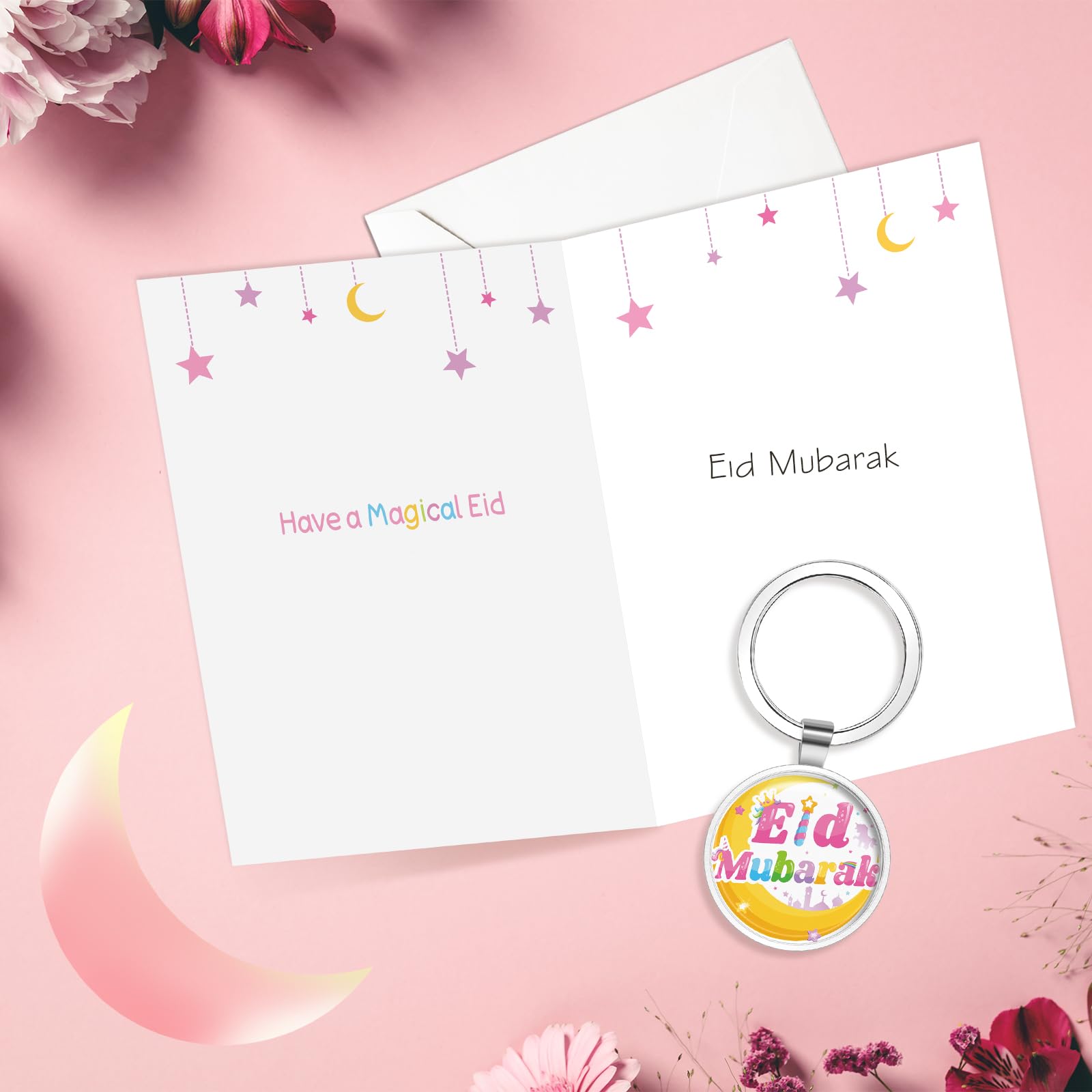 DPKOW Unicorn Eid Mubarak Card with Envelope, Eid Gift for Kids Unicorn Eid Mubarak Keyring - Image 3