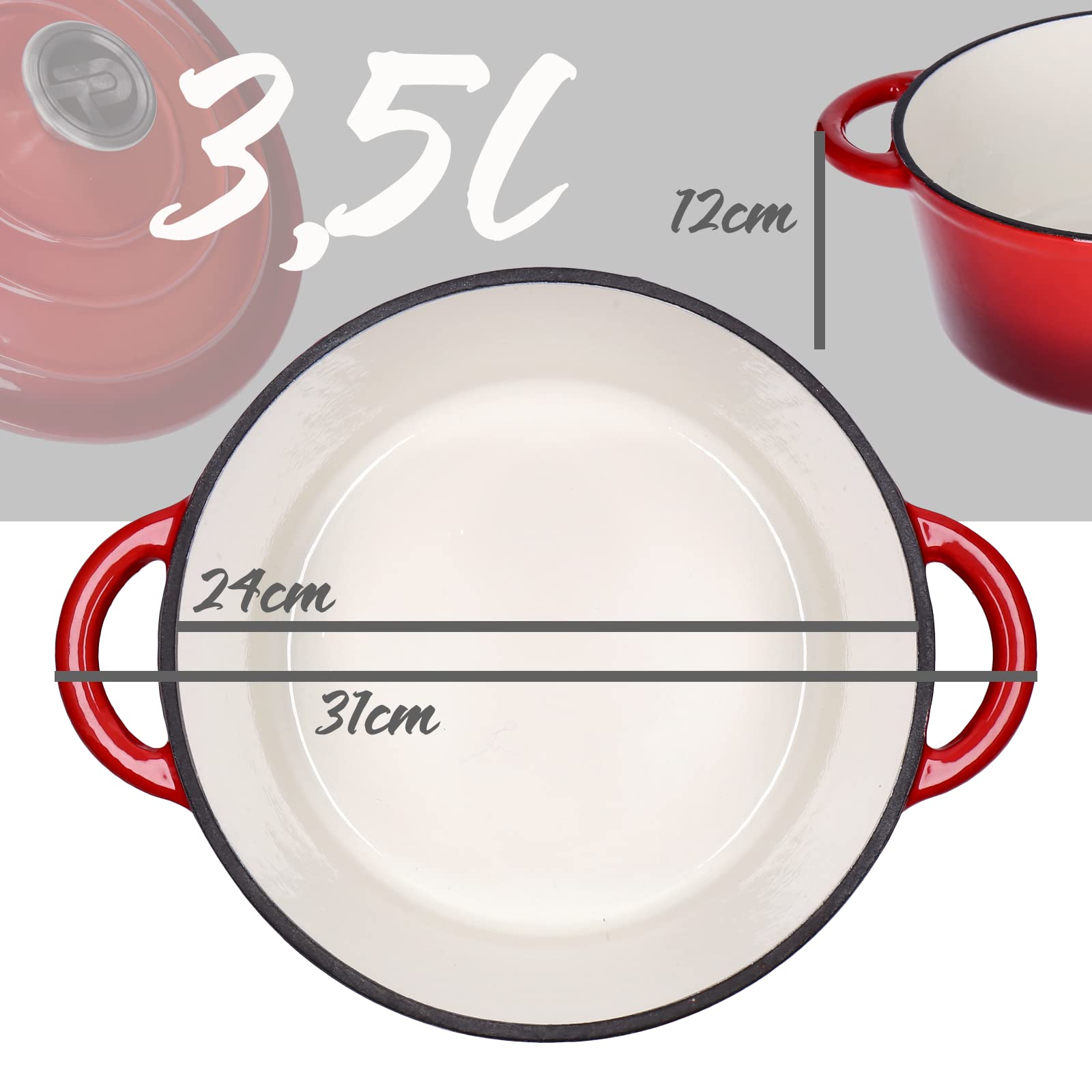 Rondel, rondel do mięsa z emaliowanego żeliwa z pokrywką 3,5L, śr.24cm, uchwyt ze stali nierdzewnej, nadaje się do wszystkich rodzajów kuchenek, w tym do indukcyjnych, odporny na temperaturę do 260°C