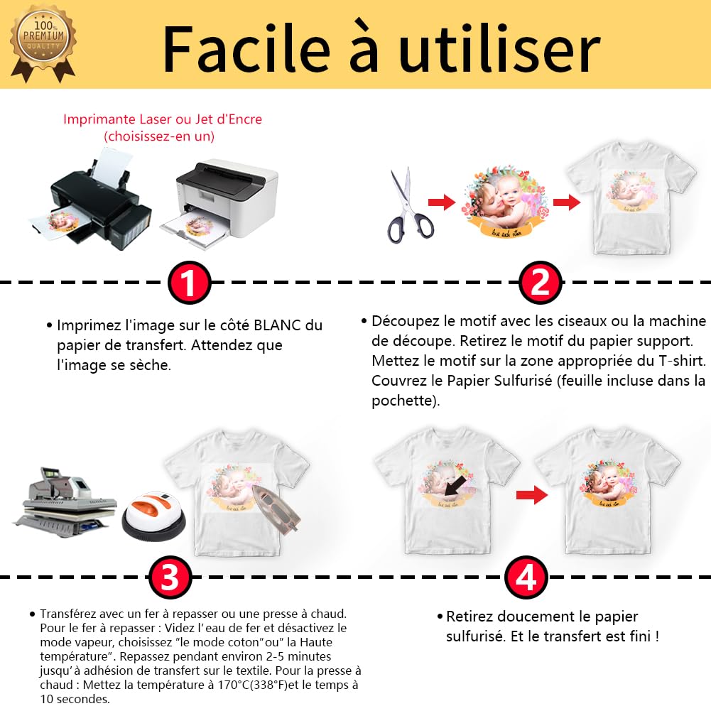 TransOurDream Papier Transfert pour Textile 3.0 A4 10 Feuilles pour T-Shirts Textiles Blancs et Clairs