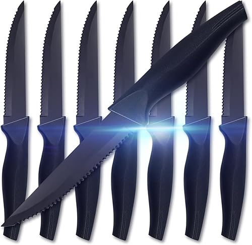 Miniatura 1 de LIFVCNT Juego de cuchillos de cocina profesionales azules de 7 piezas, juego de cuchillos de carne dentados, juego de cuchillos de chef de acero
