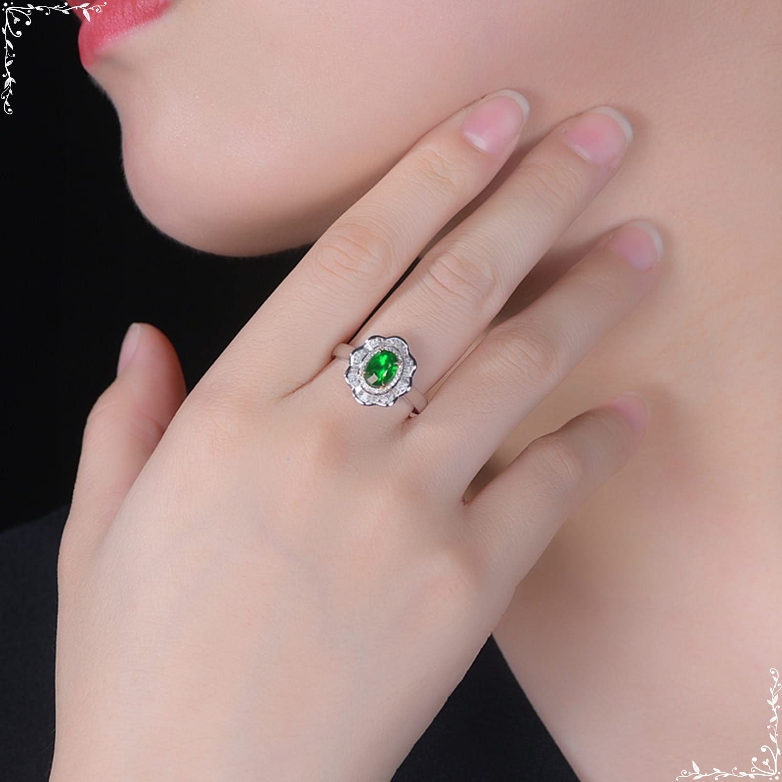 18K Oro Blanco 750 Anillo Pareja, 1.6 Quilates Esmeralda Anillos Mujer Finos Plata, Flor Anillos Compromiso Mujer Joyas de Boda Talla 6,75-25