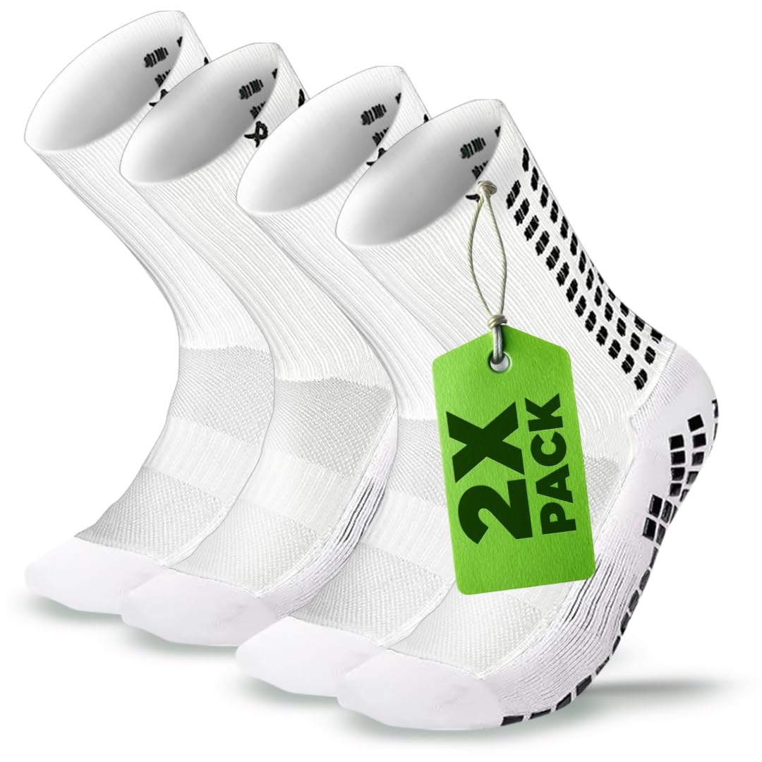 LUX Sports Soccer Grip Socks - 2-Pack White Crew, Cotton Blend - Non Slip Socks & Enhanced Traction for Football & Basketball