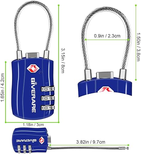 Miniatura 4 de GIVERARE Paquete de 2 cerraduras de equipaje aprobadas por la TSA, cerradura de cable de viaje combinada, candados de 3 dígitos reconfigurables con