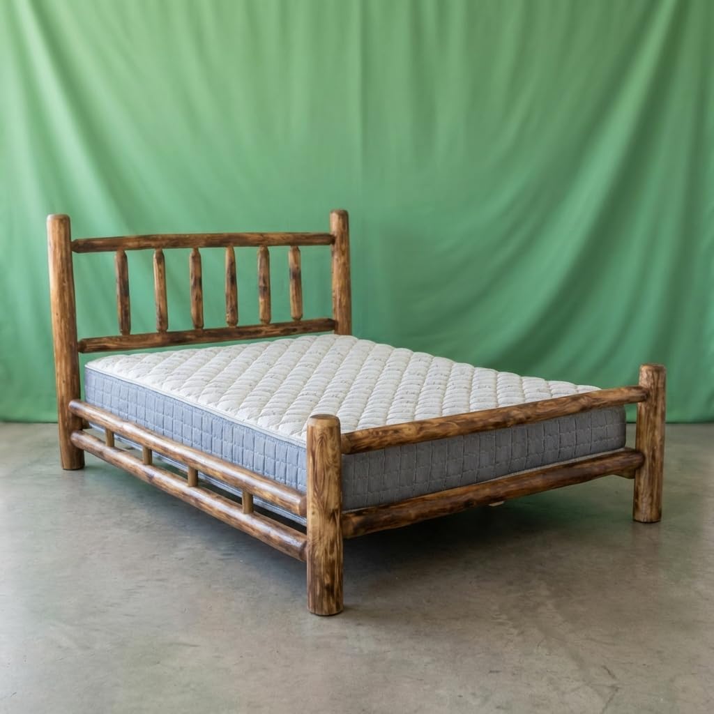 Log Bed Frame with Headboard, Twin Size - Torched Finish, Rustic, Solid Cedar Wood, Heavy Duty, Amish Handcrafted in USA