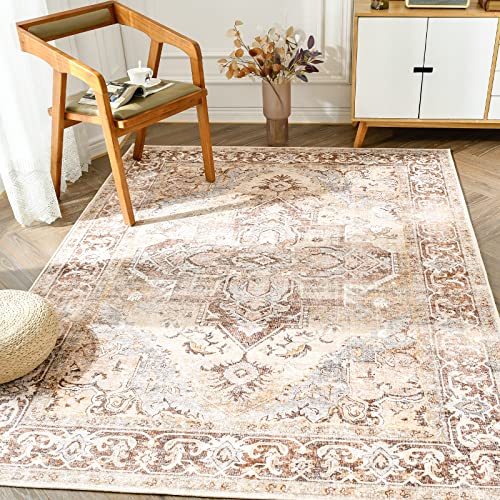 jinchan 3x5 Area Rug Vintage Accent Washable Non-Slip Rug for Entryway Bedside Bathroom Living Room Thin Elegant Retro Lightweight Chenille Rug Taupe Blue 3' x 5' (Rectangular) Taupe Blue