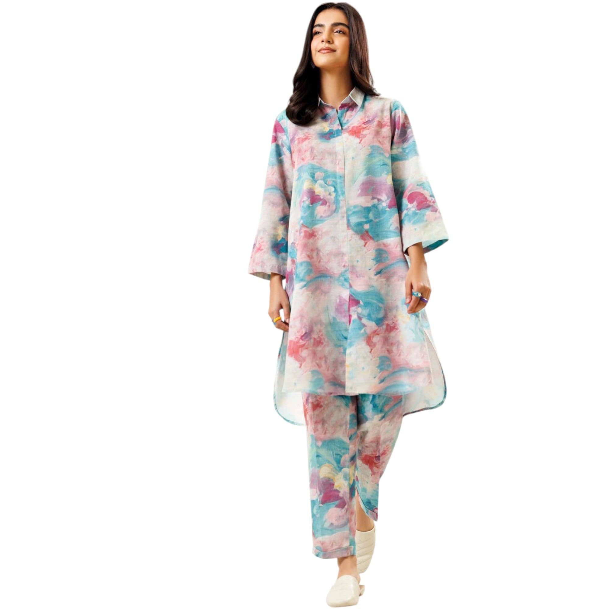 Gufrina Women's Rayon Co-Ord Set With Button-Up Top & Wide Leg Pant 3/4Th Sleeves Collar Neck Printed Pattern Regular Fit And Standard Length Sky Blue