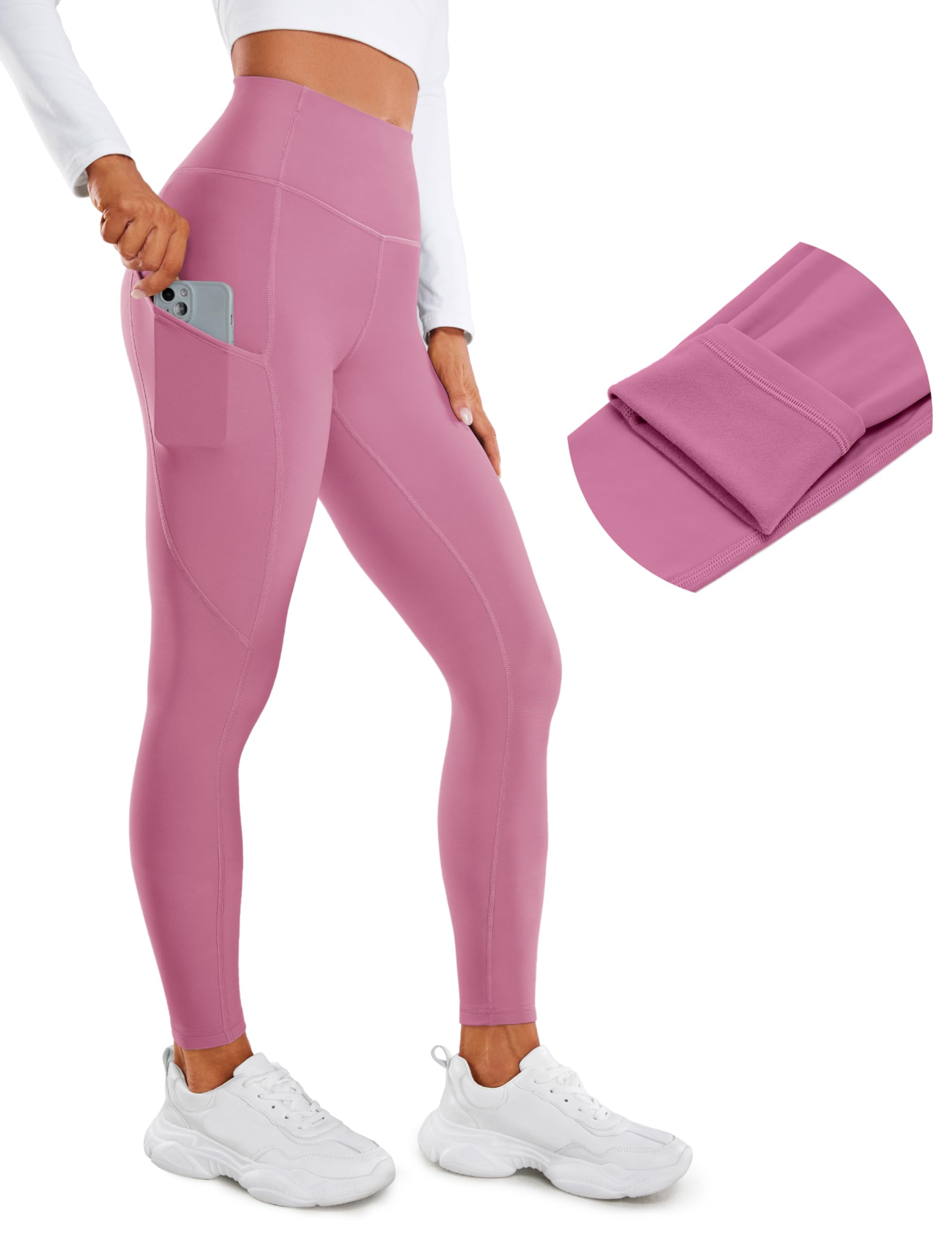 CRZ YOGA Fleece Lined Leggings Pockets 28'' - Thermal Casual Lounge Workout Womens Yoga Full Length Pants Winter Warm