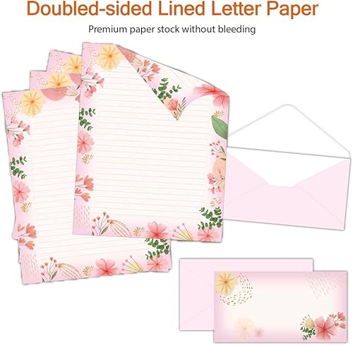 Miniatura 2 de 48 paquetes de papel estacionario rayado para escribir cartas, papel estacionario de doble cara con diseño floral de 8.5 x 11 pulgadas para escribir