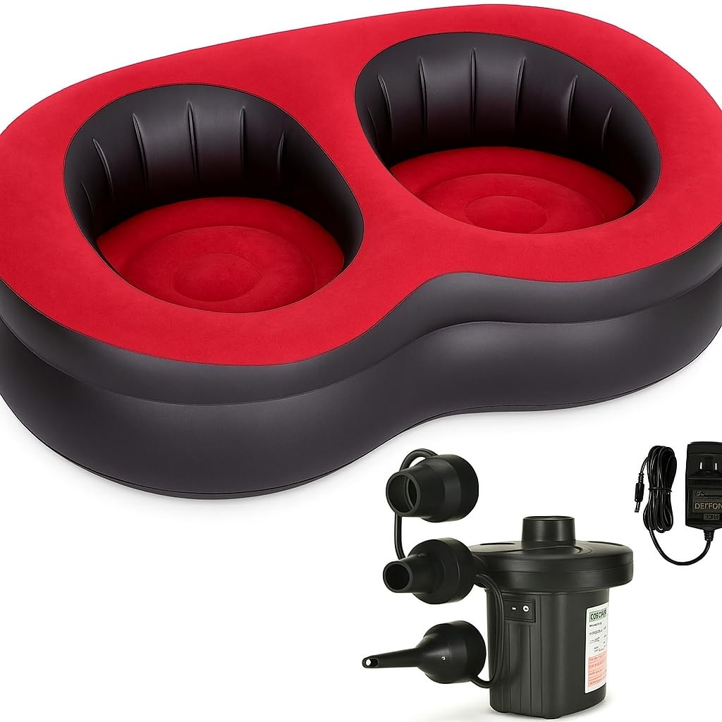 Trendi Inflatable Sofa Chair | Soft Suede Top | Ideal for Living Room, Gaming, Dorms, Camping & Outdoor Use | For Adult & Kids| Black/Red (Double Inflatable Sofa with pump)