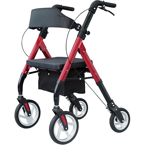 WINLOVE Heavy Duty Rollator Walker for Seniors- Super Easy Folding Bariatric Walker with 10" Big Front Wheels- Rolling Mobility Walking Aid for Adult Elderly, Aluminum Frame, Red