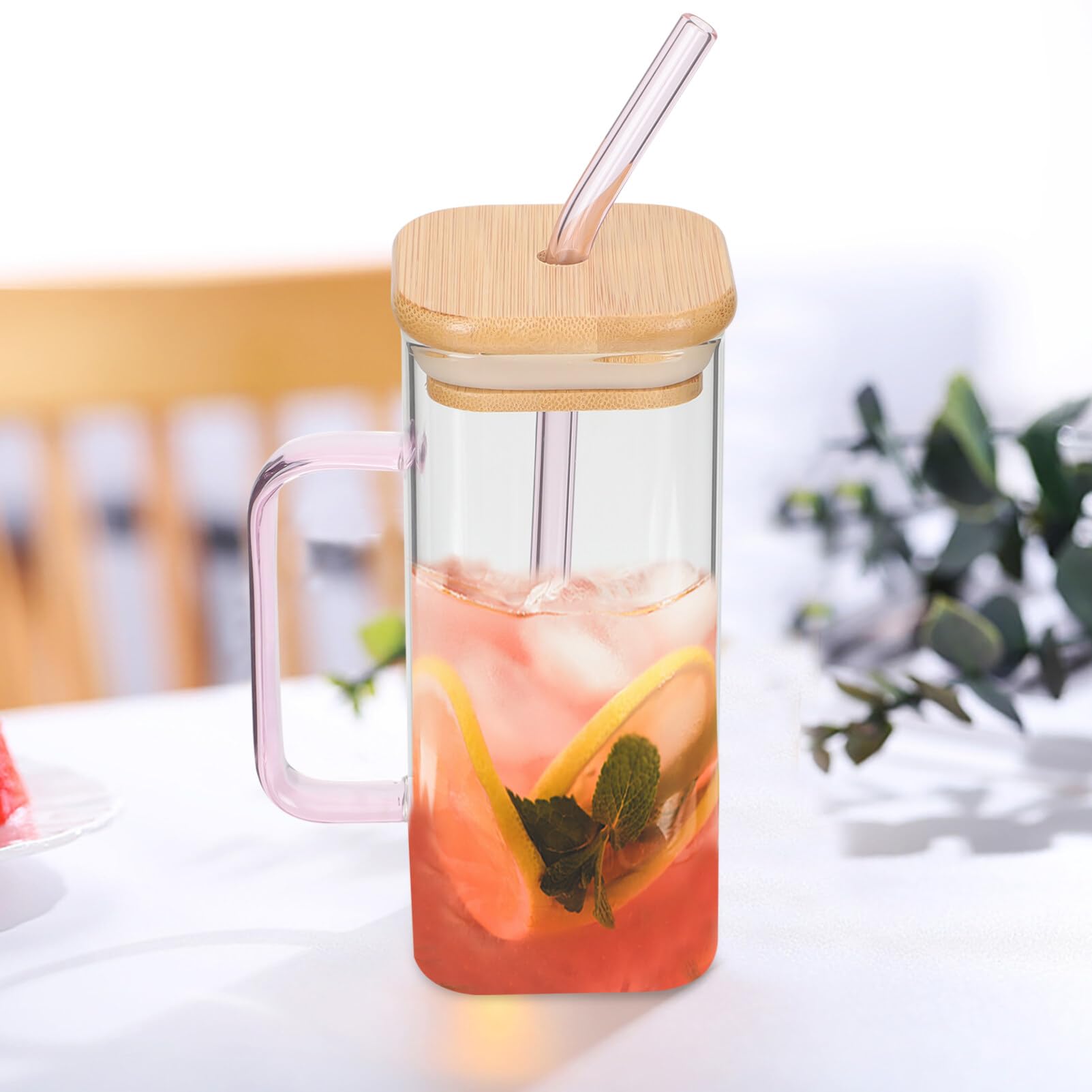 Luxshiny Tazas rectangulares de vidrio con pajilla con tapas, vasos cuadrados con asa, tapa de bambú, vasos de café helado transparentes para el hogar, accesorios de cocina, botella de agua rosa