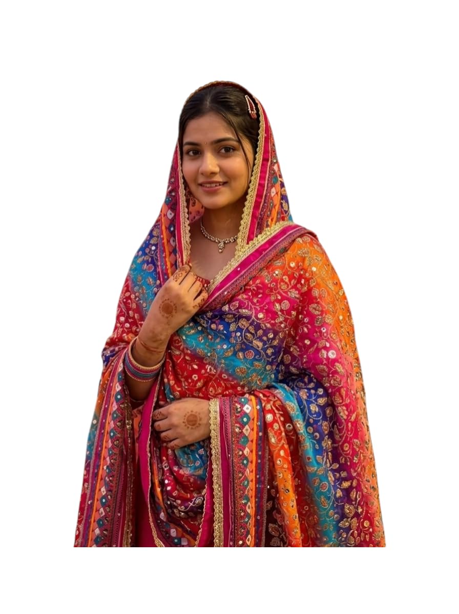 Varanasi Silk Dupatta with Hand-Stitched Mirror Work and Vibrant Embroidery, Multicolour, 1 Piece-picture-25