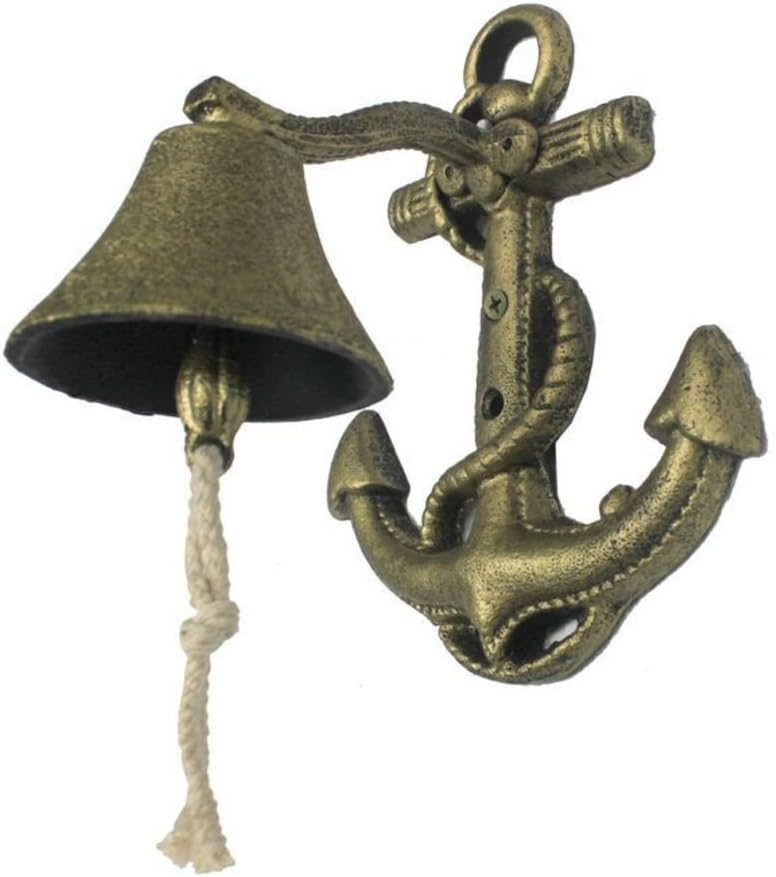 Hampton Nautical Rustic Gold Wall Mounted Anchor Hanging Bell 8" - Vintage Cast Iron Decoration - Metal Wall Decor