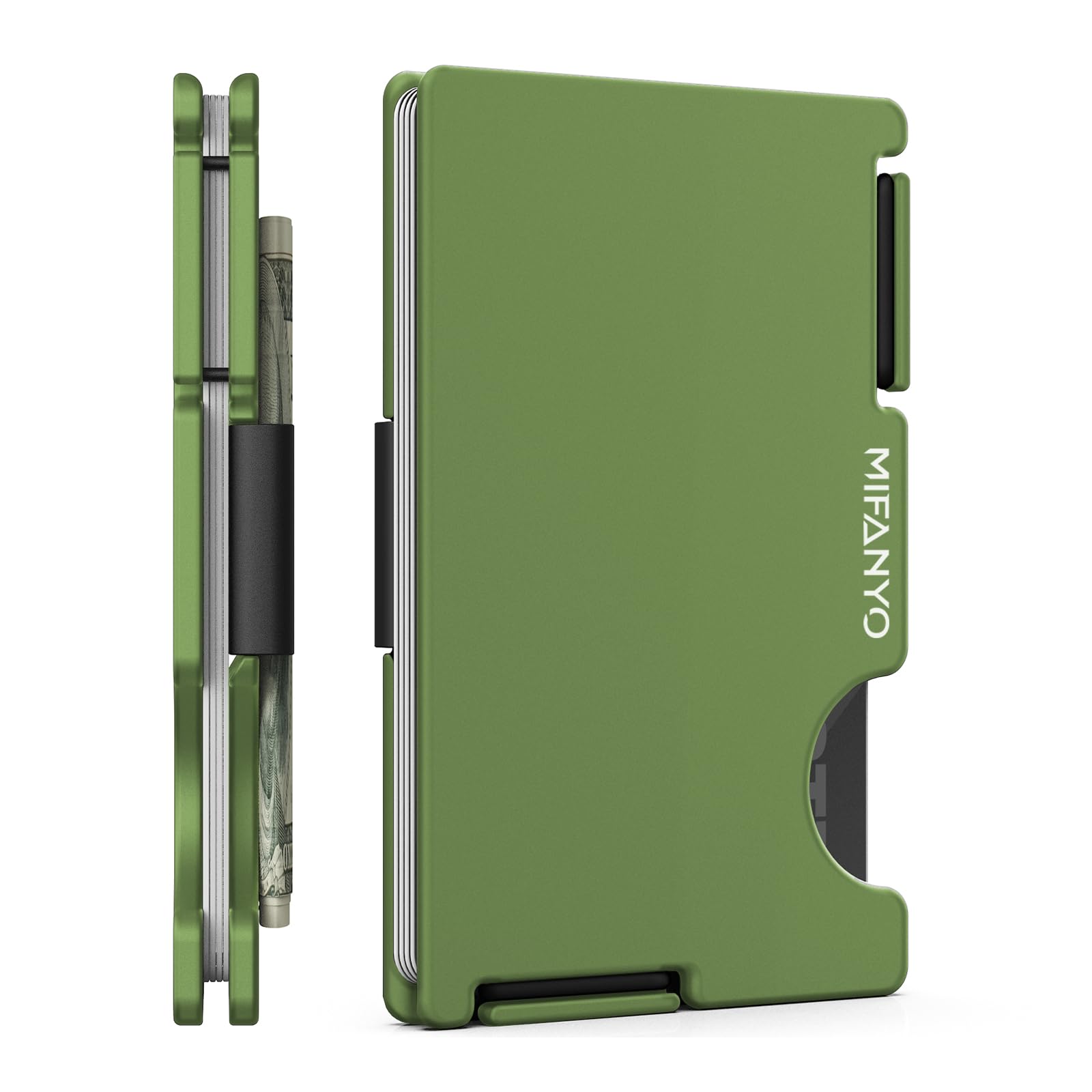 MIFANYO Mens Wallet, Minimalist Card Holder with Cash Strap, Slim Metal Front Pocket Wallet, RFID Blocking, Army Green, PM-10