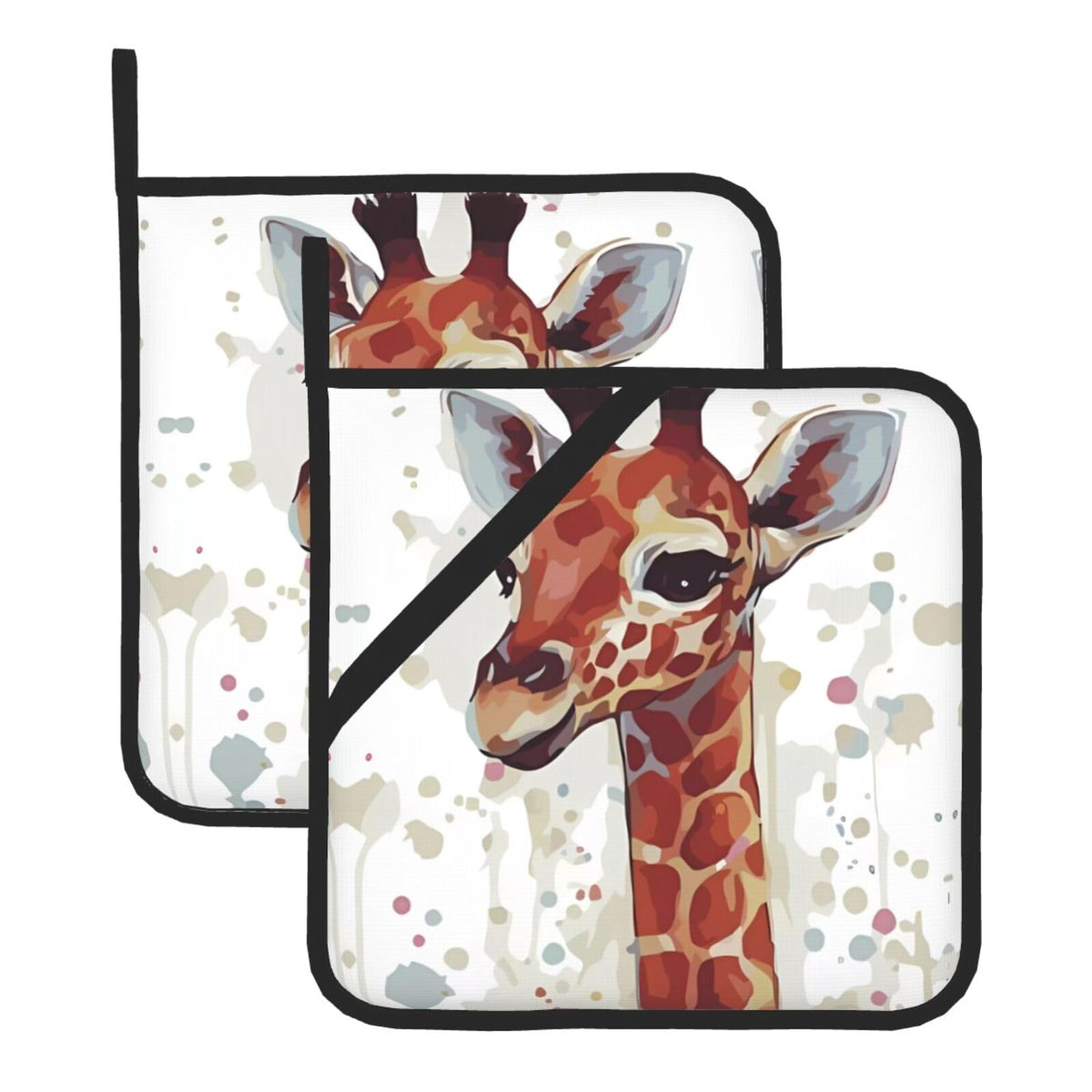 WHJSSF Stylish Animal Watercolor Giraffe Prints Square Hot Pads for Kitchen Counter - Waterproof Trivets with Hanging Loop, Thick Pot Covers for Serving, Oven & BBQ - Set of 2 (1 with Pocket)