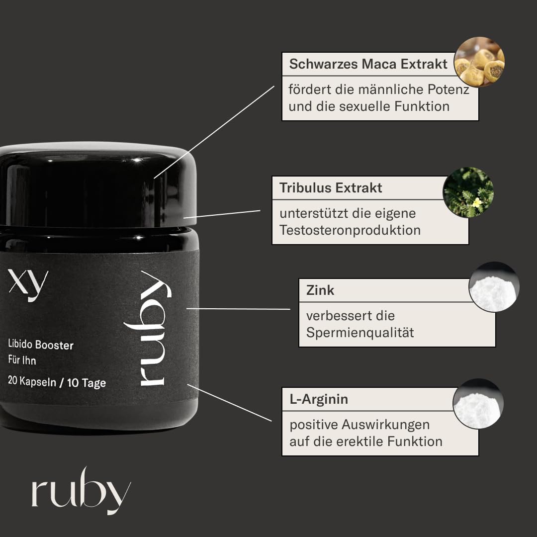 ruby für ihn - Maca-Komplex - mit hochdosiertem Tribulus Terrestris, Maca, Zink & L-Arginin - Pflanzenextrakt - 60 Stück – Vegan
