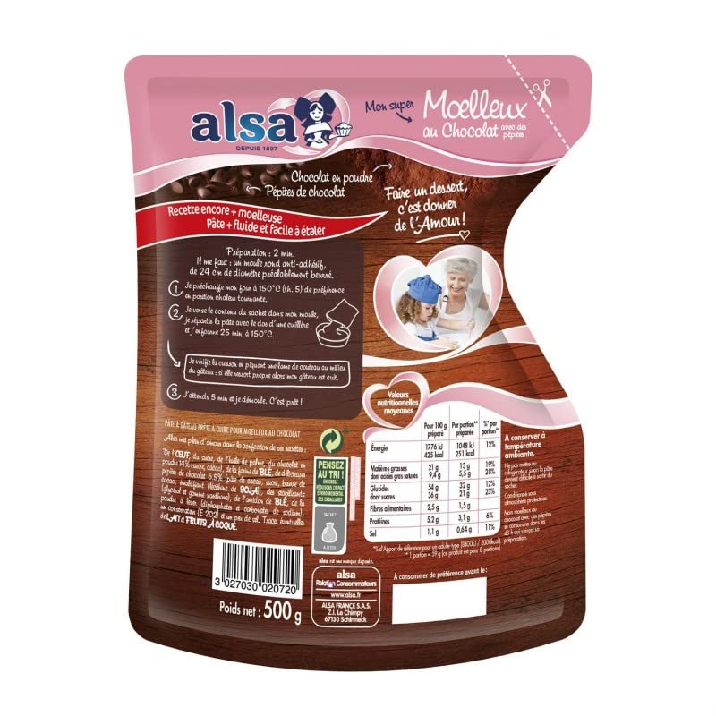 ALSA - Préparation pour gâteau moelleux chocolat à cuire - 500 g : un délice fondant et facile ! - Lot De 3 - Vendu Par Lot
