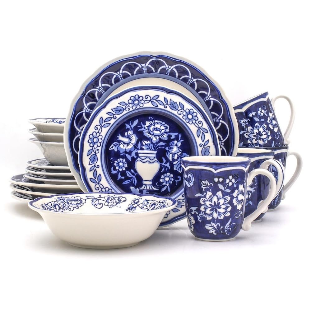 Euro Ceramica Blue Garden 16 Piece Oven Safe Hand Painted Stoneware Dinnerware Set, Service for 4, Bold Vase Design/Floral Pattern, White and blue