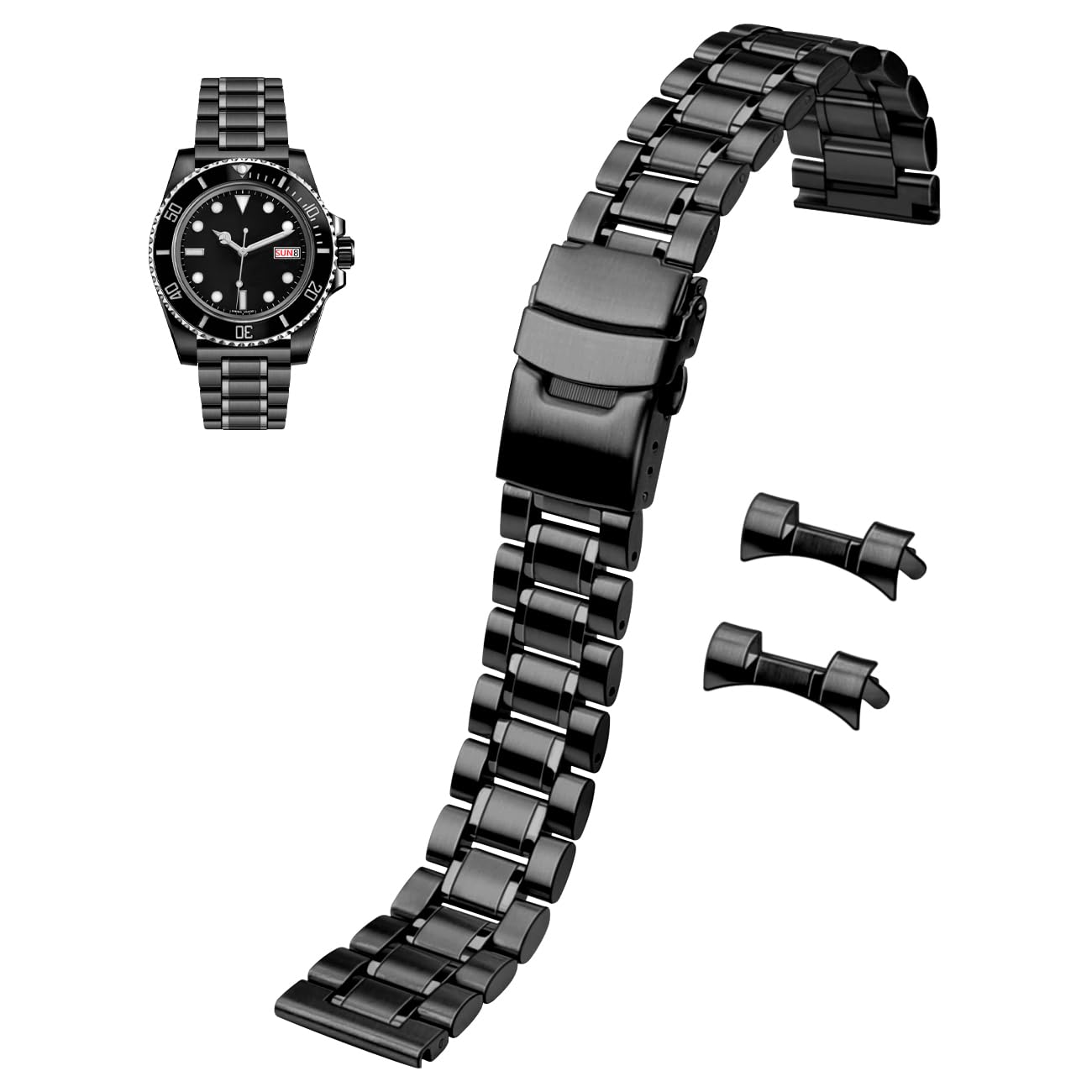 22 mm Universal-Uhrenarmbänder, massiver Edelstahl mit gebogenen Endstücken, Ersatzarmband für Damen und Herren, Silber