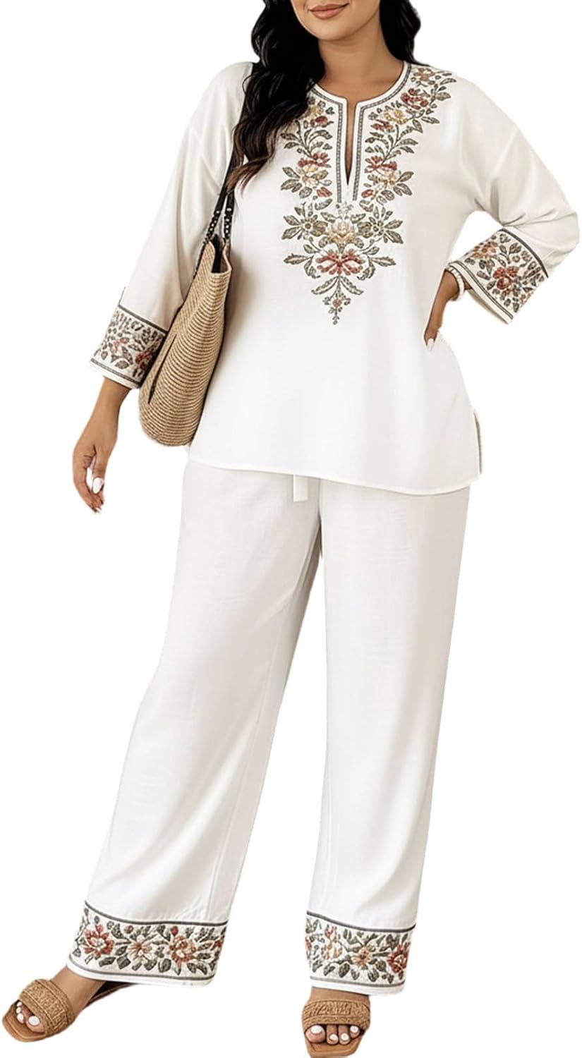 Matching Lounge Sets for Women | Two Piece Floral | Boho Casual Set Long Sleeve Blouse and Palazzo Pants | for Travel Going