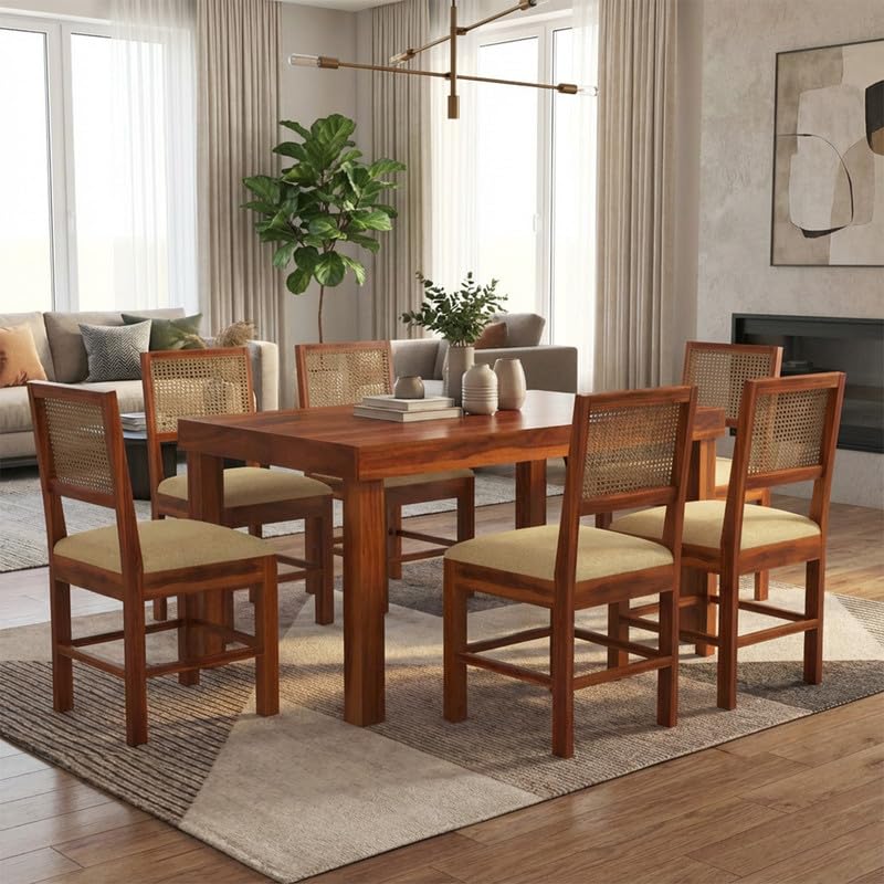 Image of Furniture Solid Sheesham Wood 6 Seater Dining Table Set with Cushioned Chairs | Multipurpose Wooden Six Seater Dinner Table Set for Living Room, Dining Area and Home (Honey Finish)