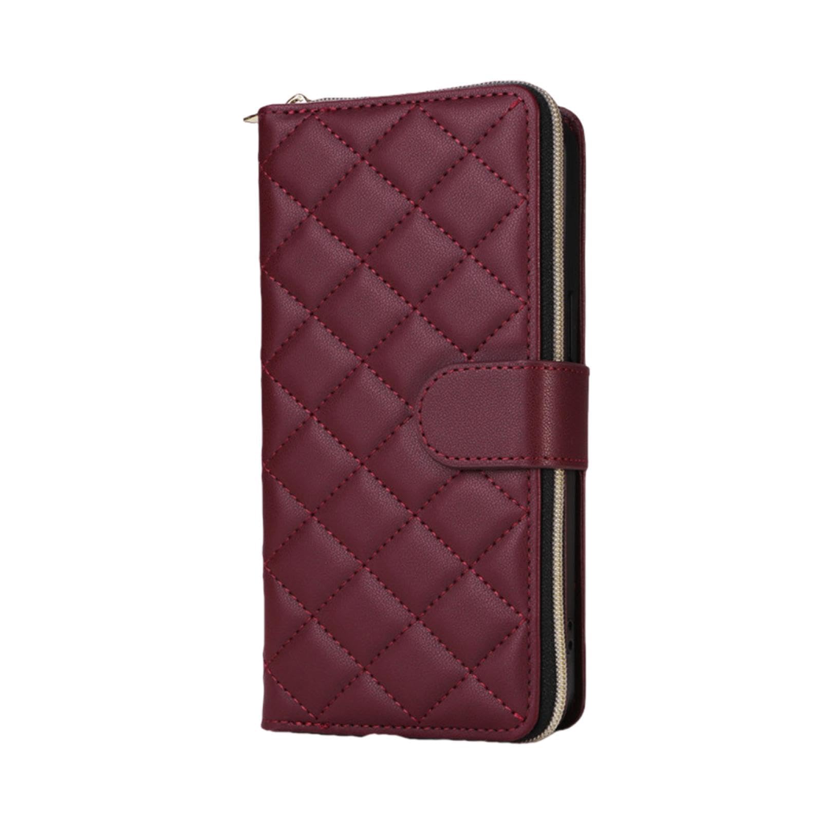 Per iPhone 15 Portafoglio in pelle con cerniera e porta carte di credito, con tracolla e laccio, custodia a ribalta (per iPhone 15/rosso)