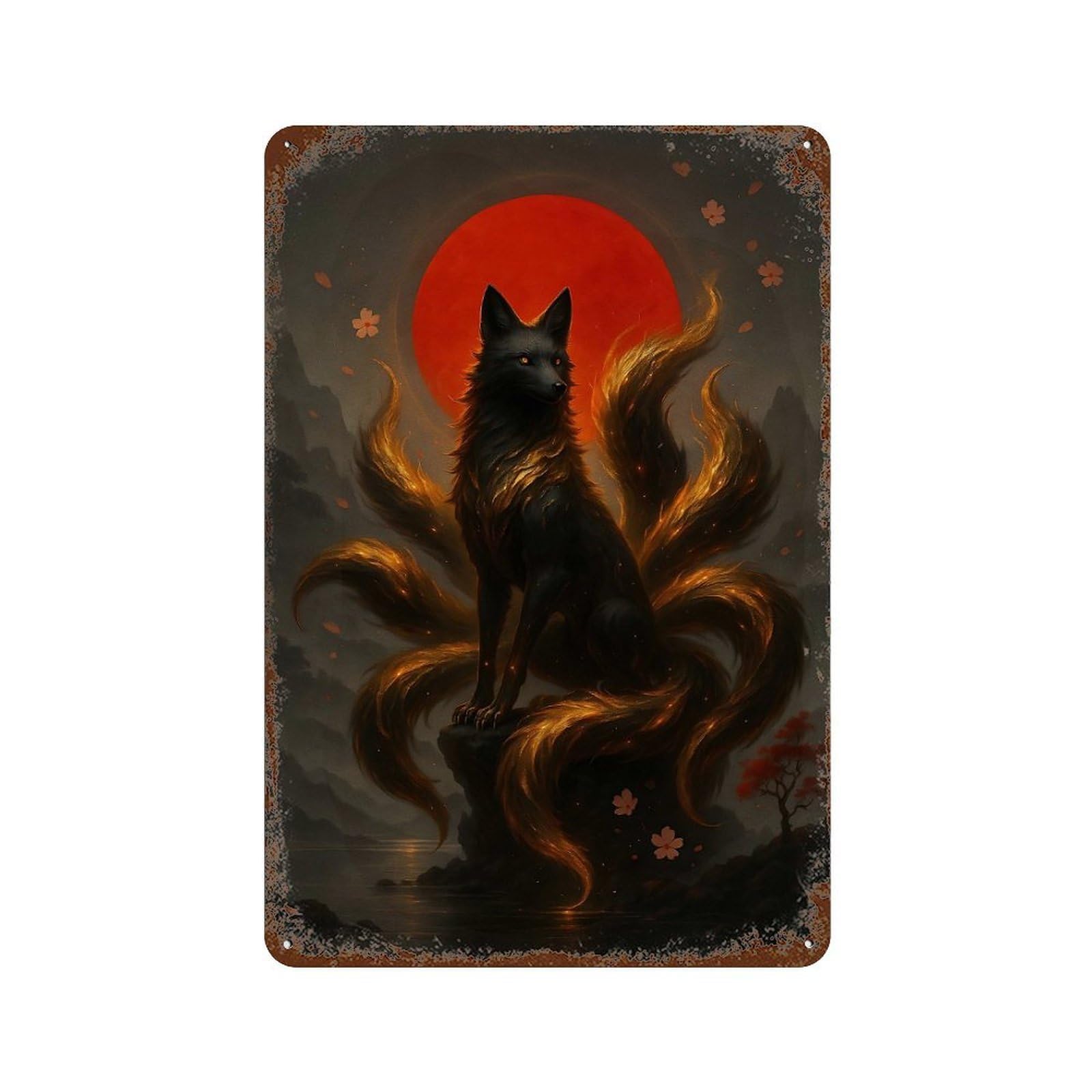Decorative Tin Sign with Nine-tailed Fox with Red Moon Design 11.8"x7.9", for Farmhouse, Kitchen And Entryway Decor, Decorative Metal Wall Art