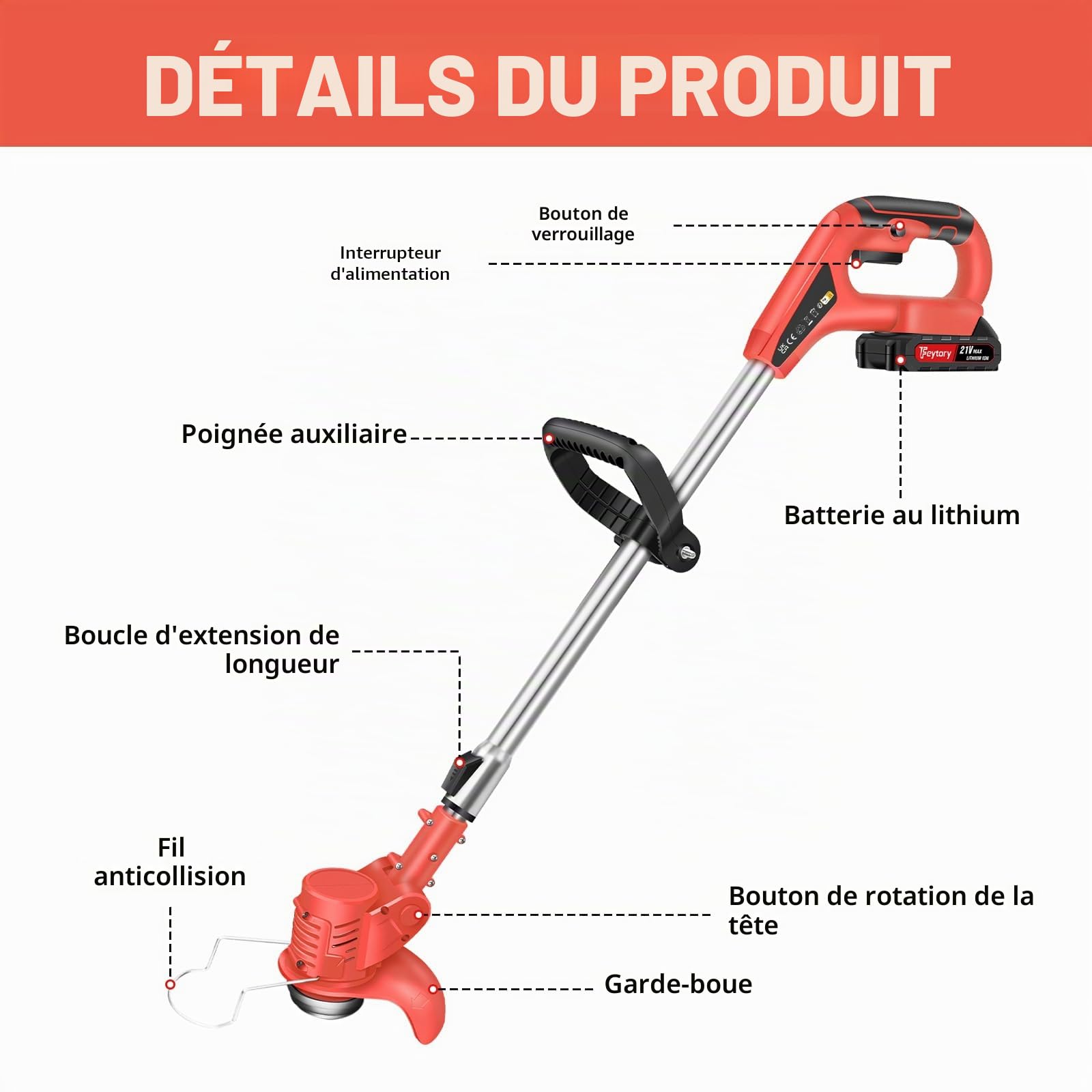 Débroussailleuse électrique pour jardin et pelouse, coupe-herbes robuste sans fil avec 2 batteries, rouge