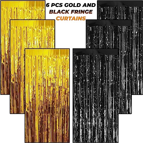 Image of 6 Pieces Foil Fringe Tinsel Party Curtains for Photo Backdrop (GOLD-BLACK) | Fringe Curtains for Decoration | Black and Gold Theme Birthday Decoration | Wedding Anniversary Decoration