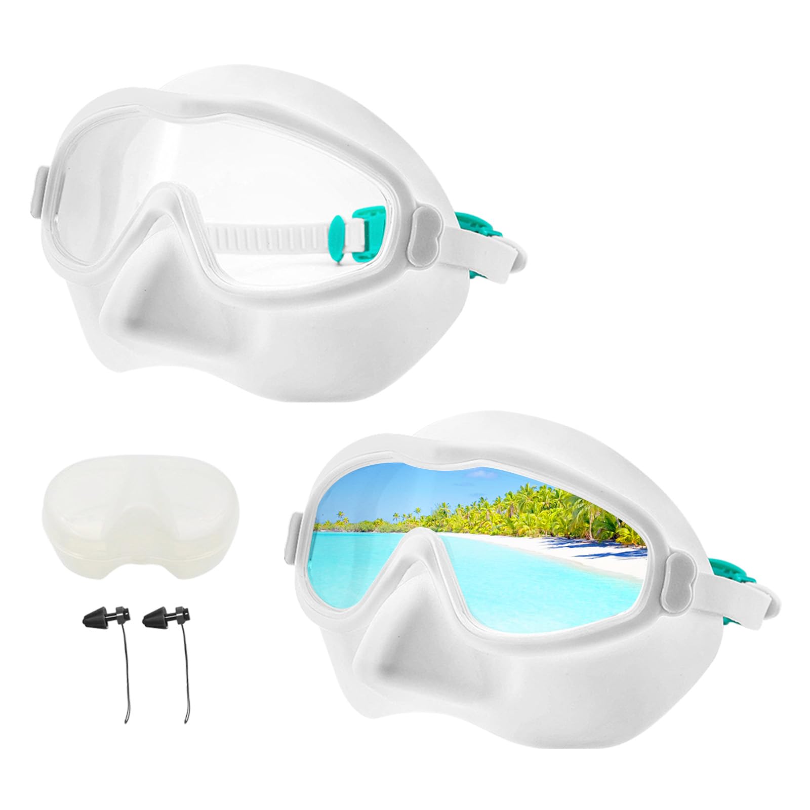 Nose Cover Swimming Goggles With Ear Plugs Attached,Swim Goggle For Adult Women,Toddlers Goggles With Box (White)