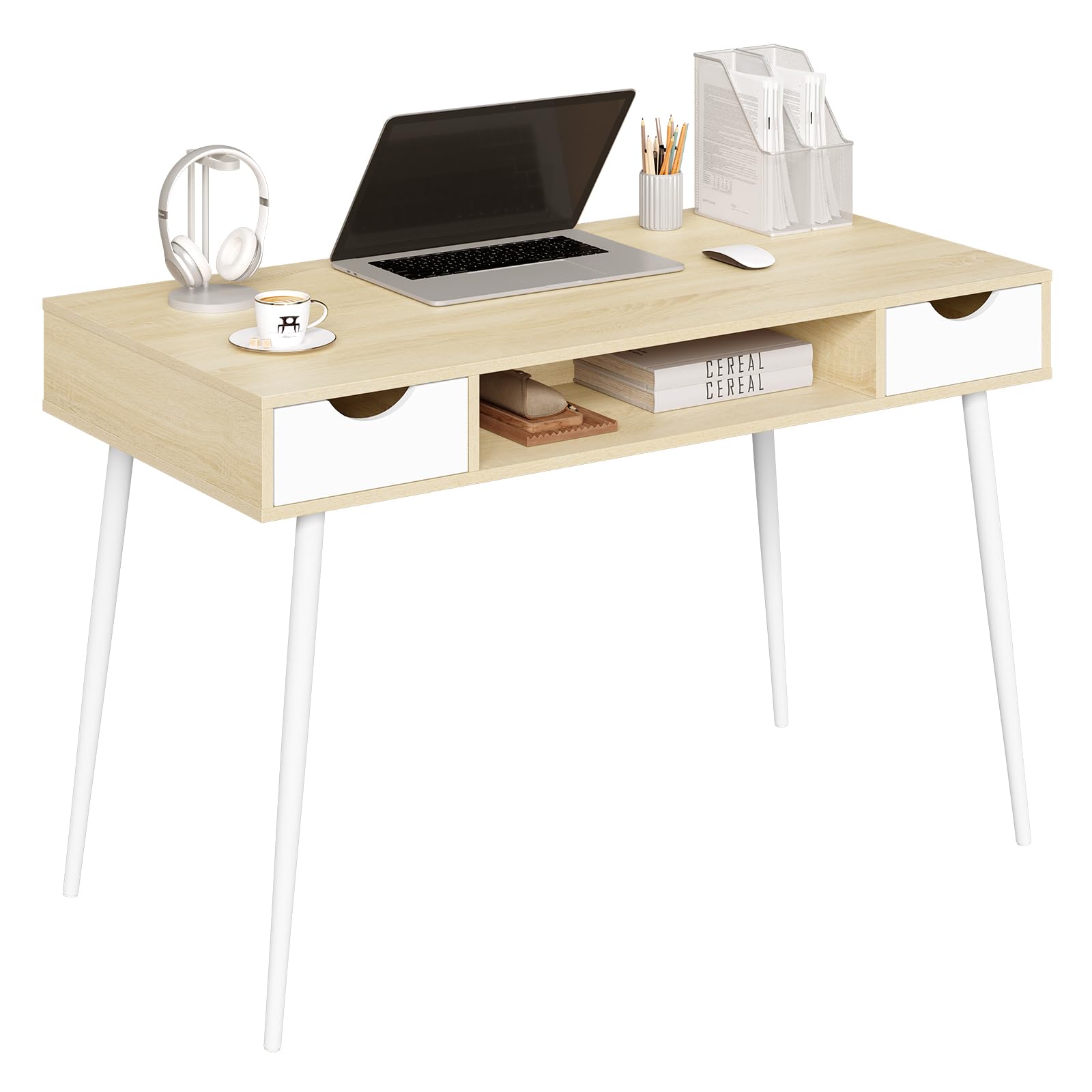 WOLTU Escritorio con 2 Cajones, Mesa de Ordenador 120x60cm, 1 Compartimento Abierto, Mesa de Oficina, Marco de Acero, Madera, Roble, TSG19hei