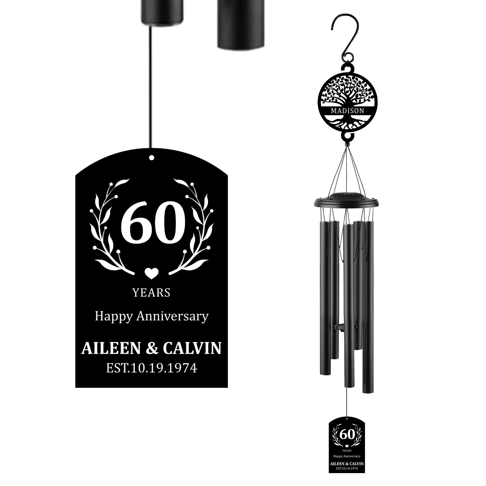 Personalized Anniversary 37" Wind Chime with Custom Metal Name Signs, 15th 20th 25th 30th 35th 40th 50th 60th 65th 70th Any Year Anniversary Wedding