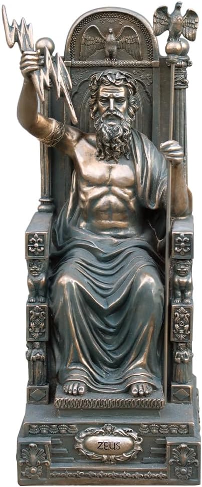 VILLAGE GIFT IMPORTERS Bronze-Tone Seated Zeus Statue | 16" Tall | Large Indoor Zeus Figurine on Throne Holding a Lightening Bolt and Eagle Scepter | Home and Office Décor | God of The Sky