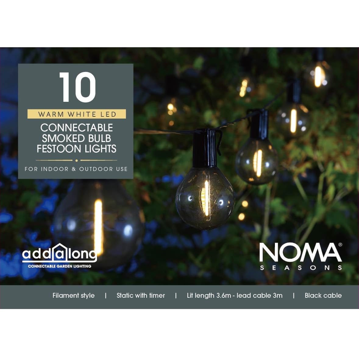 Noma 10 Smoked Round Connectable Festoon Lights – Stylish Garden Chain with Timer, Perfect for Ambiance (Pack of 1)