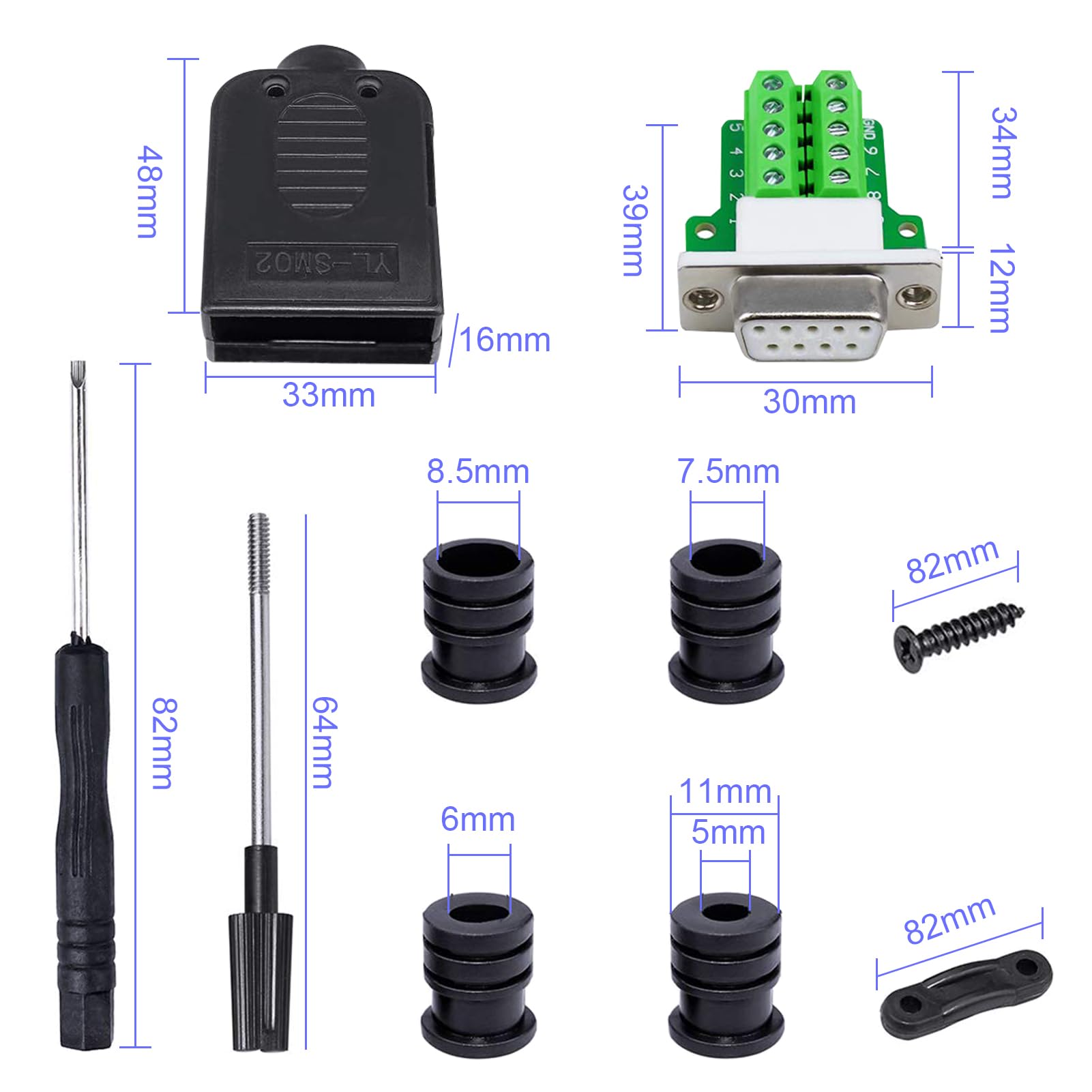 Per connettore DB9 senza saldatura, RS232 DB9 Breakout maschio D SUB accessorio seriale a 9 pin morsetto di collegamento con dado, 4 pezzi