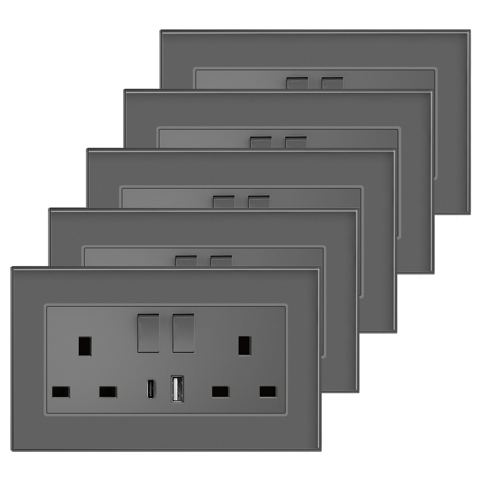 BSEED Double Switched Sockets with USB C and USB A Charging Ports, UK Standard Electric Power Sockets with Glass Panel, 2 Gang 13A Wall Socket, Grey, 5 Pack — image 1