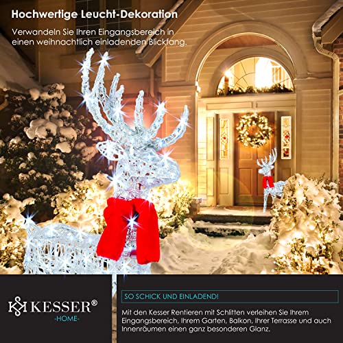 KESSER® 240er LED Rentiere mit Schlitten weiß Timer Inkl. 2X Dekoschal Weihnachtsbeleuchtung für außen und innen Weihnachtsfigur Weihnachtsdekoration mit Dauerbeleuchtung und blinkende