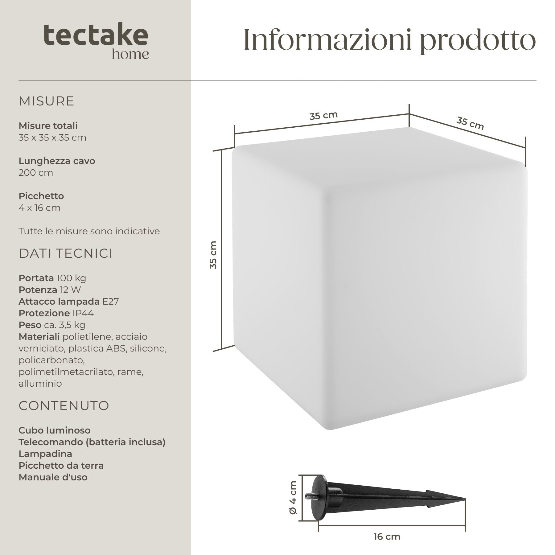 tectake® Cubo luminoso LED, Lampada da terra, luci da esterno e interno RGB 16 colori, telecomando, polietilene resistente, tavolino o pouf esterno luminoso, luci giardino decorative - S - 35x35x35 cm