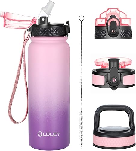 Botella de agua de acero inoxidable de doble pared aislada al vacío con impresiones vívidas pniños, 20 oz, a prueba de fugassudor, sin BPA, 3 tapas