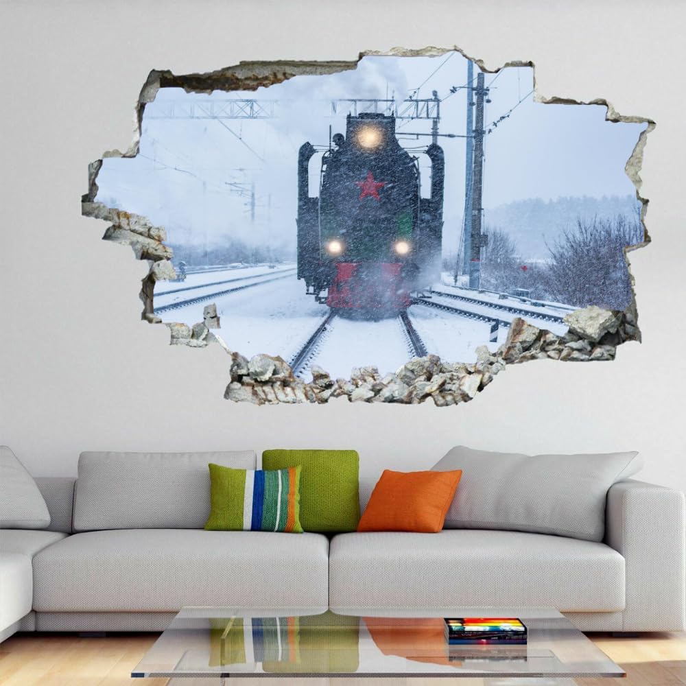 3D Smashed Wall Effect Retro Train Stickers Muraux Imperméables Art Amovible Hiver Neige Sticker Mural pour Enfants Garçons Filles Nursery Home Chambre Décoration Murale