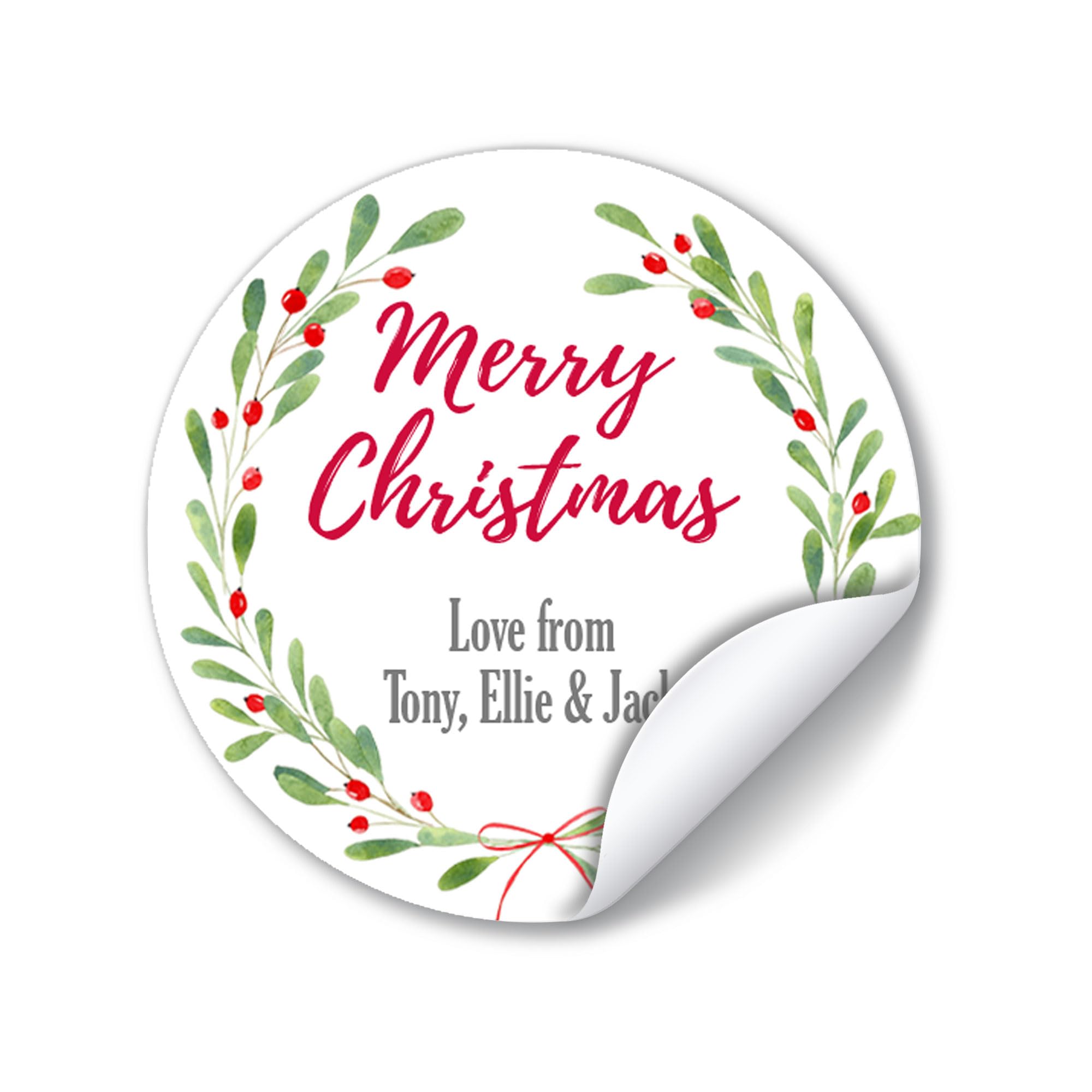 Treasured Forever White 24 Personalised Christmas Stickers Gift Tag Labels Present Delivery From Santa (D7 - Floral Wreath)