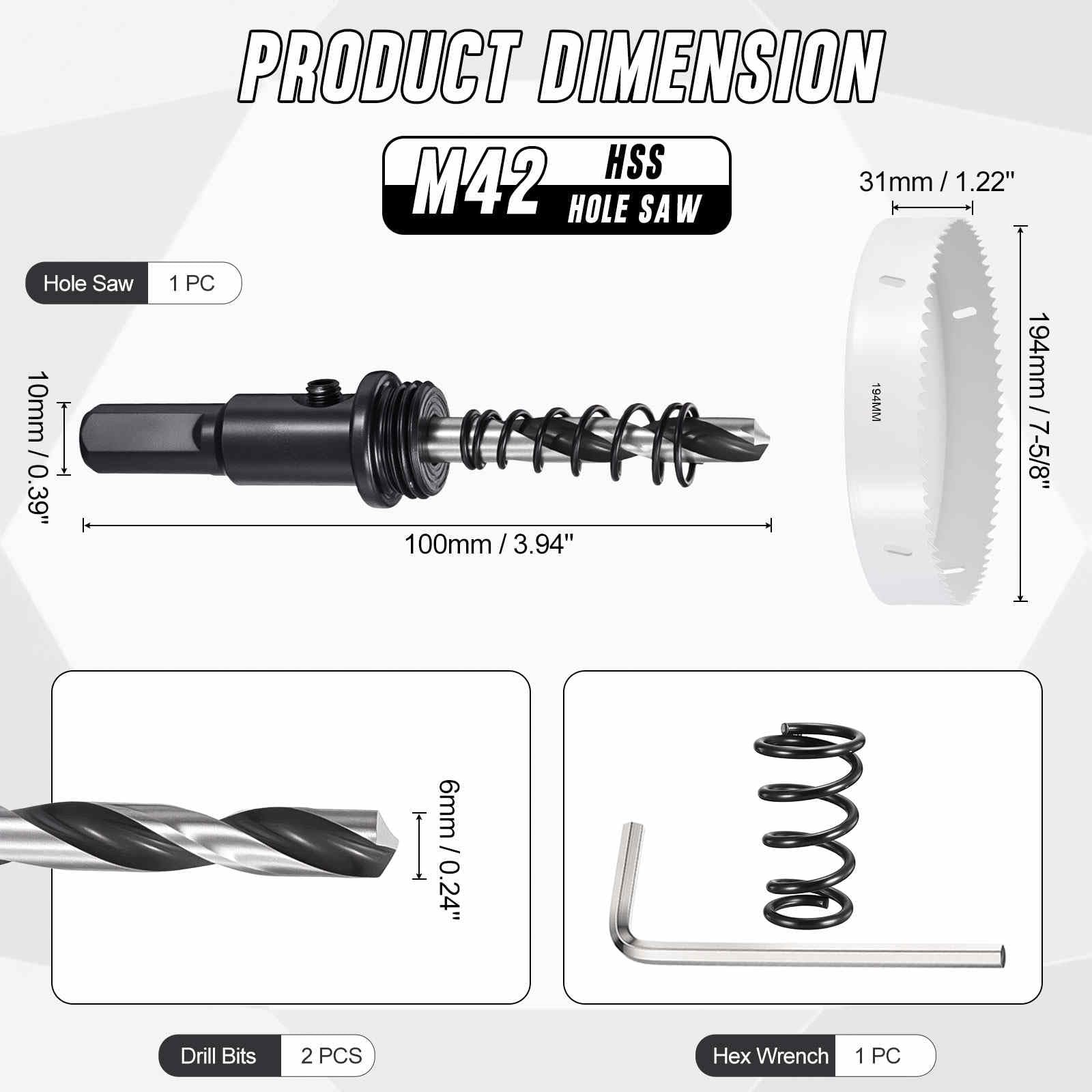 CoCud 7-5/8" (194mm) Hole Saw, M42 Bi-Metal Hex Shank Hole Cutters with 2pcs Drill Bit - Image 2