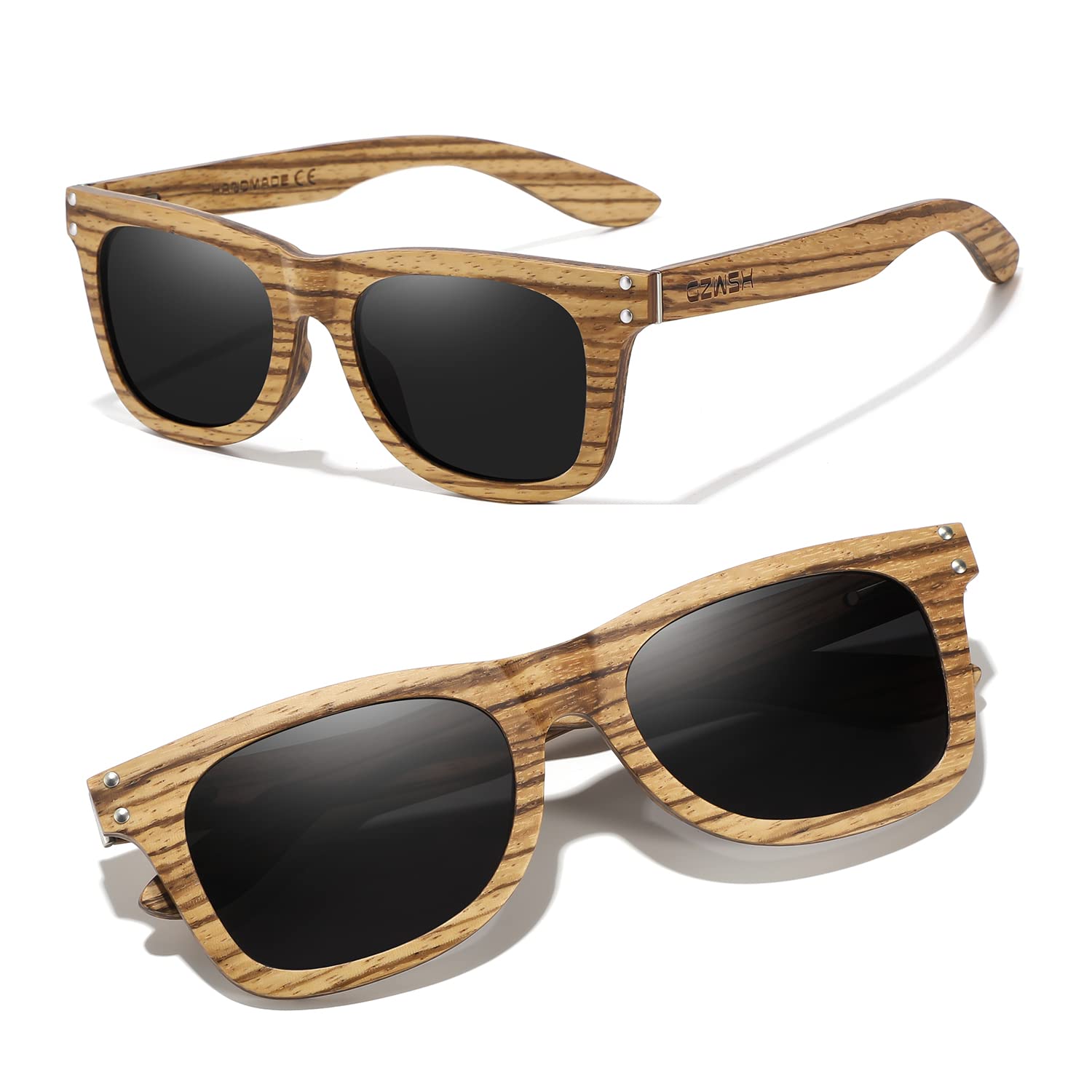 GZWSX Wood sunglasses Frame and Blue Lens | Polarized Wooden Layer Zebra Wood For Men and Women | 100% UVA/UVB Ray Protection (S8712-Black)