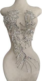 Pure Handmade Beaded Crystal Patches Bodice Lace DIY Applique Patches Accessory for Dress Clothes 2PCS/Set 24.4X5.9inches (Silver)