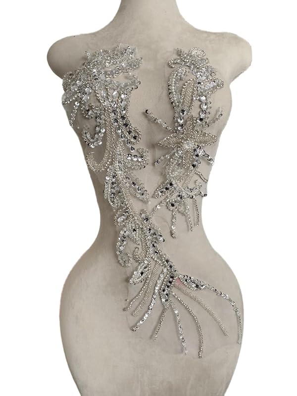 MOPISVN Pure Handmade Beaded Crystal Patches Bodice Lace DIY Applique Patches Accessory for Dress Clothes 2PCS/Set 24.4X5.9inches (Silver) by MOPISVN - Used condition - US$10.91