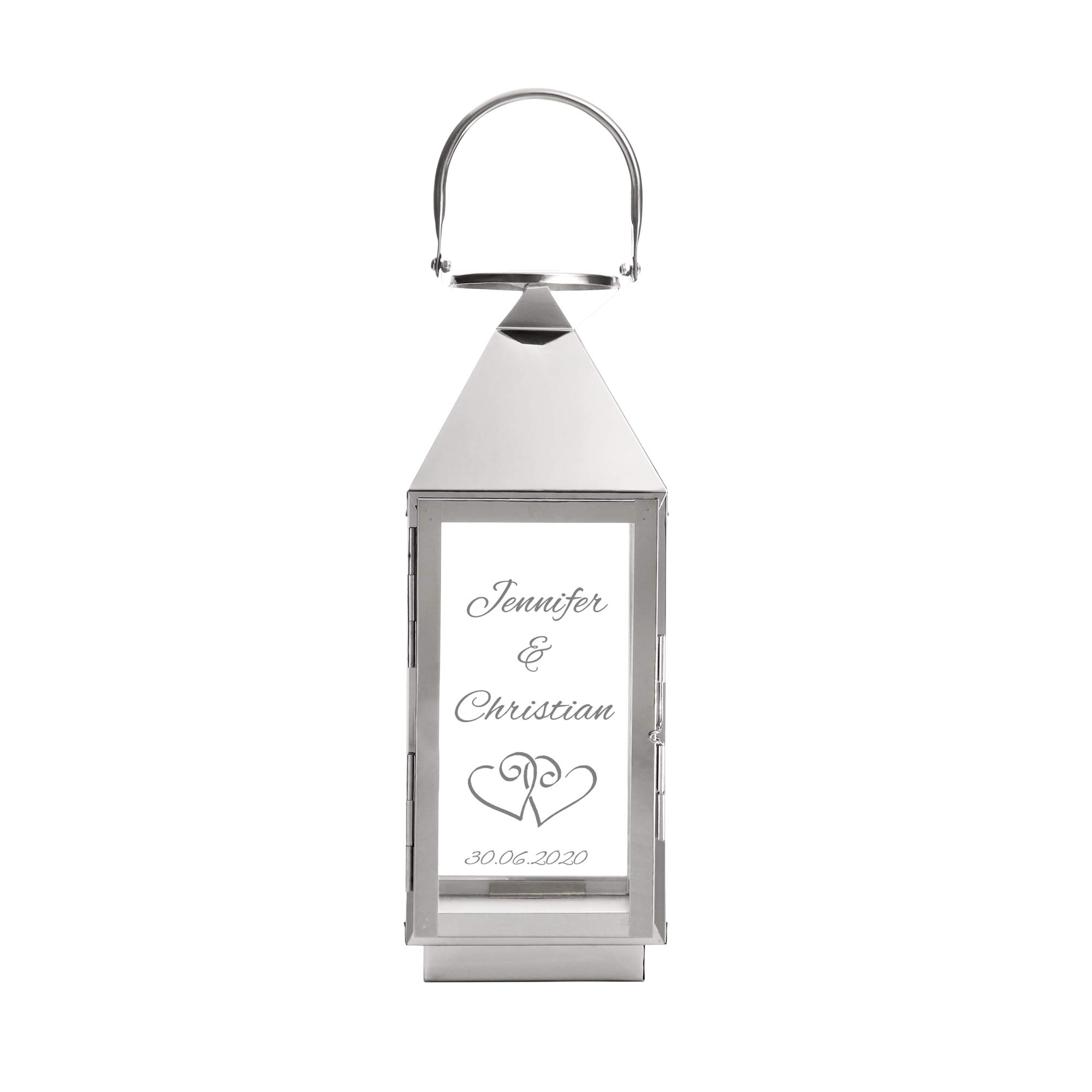 Casa Vivente Laterne aus Edelstahl mit Gravur zur Hochzeit, Personalisiert mit Namen und Datum, Motiv Herzen, Geschenkidee für Paare