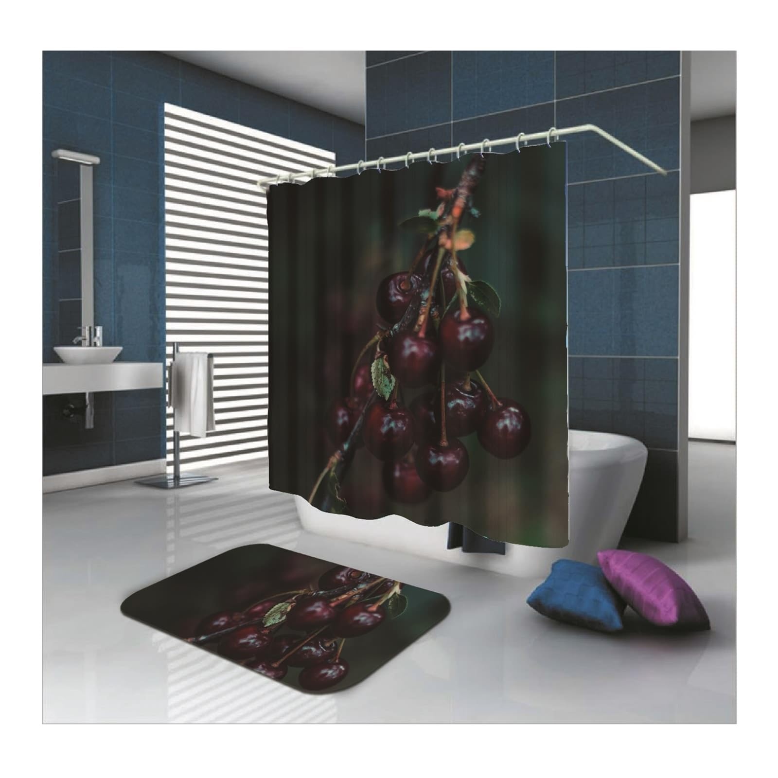Rideau de douche textile 150x180 cm vert et rouge à motif cerises pour salle de bain