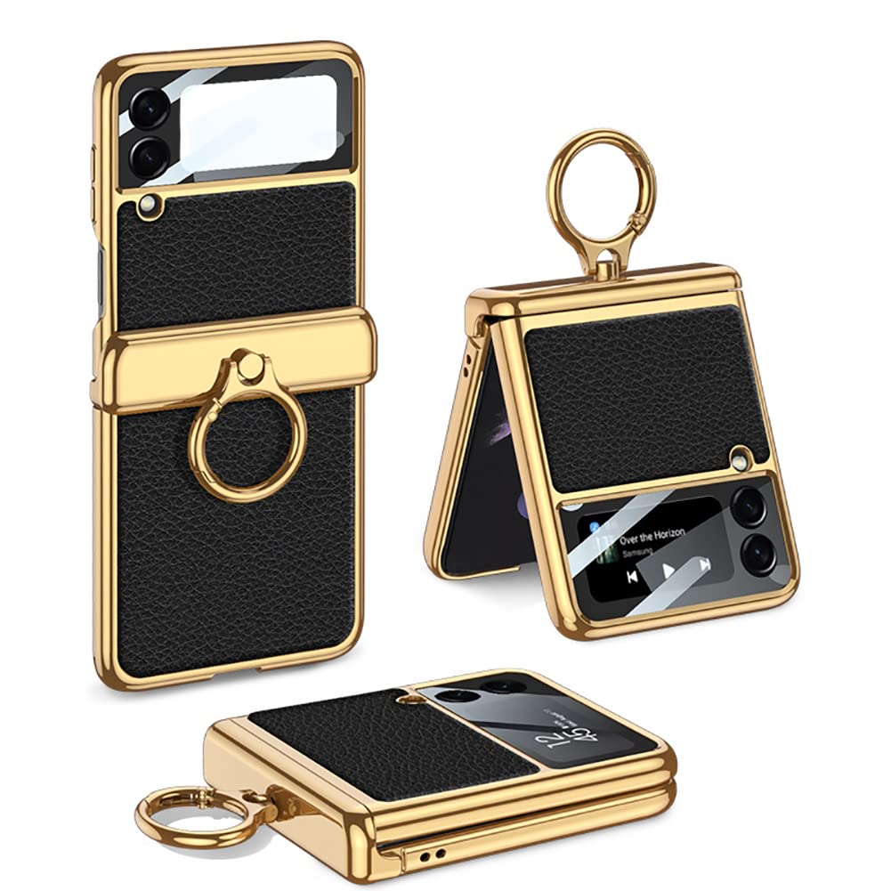 CQUUKOI for Z Flip 3,Samsung Galaxy Z Flip 3 Case with Ring Stand Luxury Crocodile Skin Leather Electroplated Magnetic Hinge Camera Lens Protector Case for Galaxy Z Flip 3 5G 2021 (Cross Black)