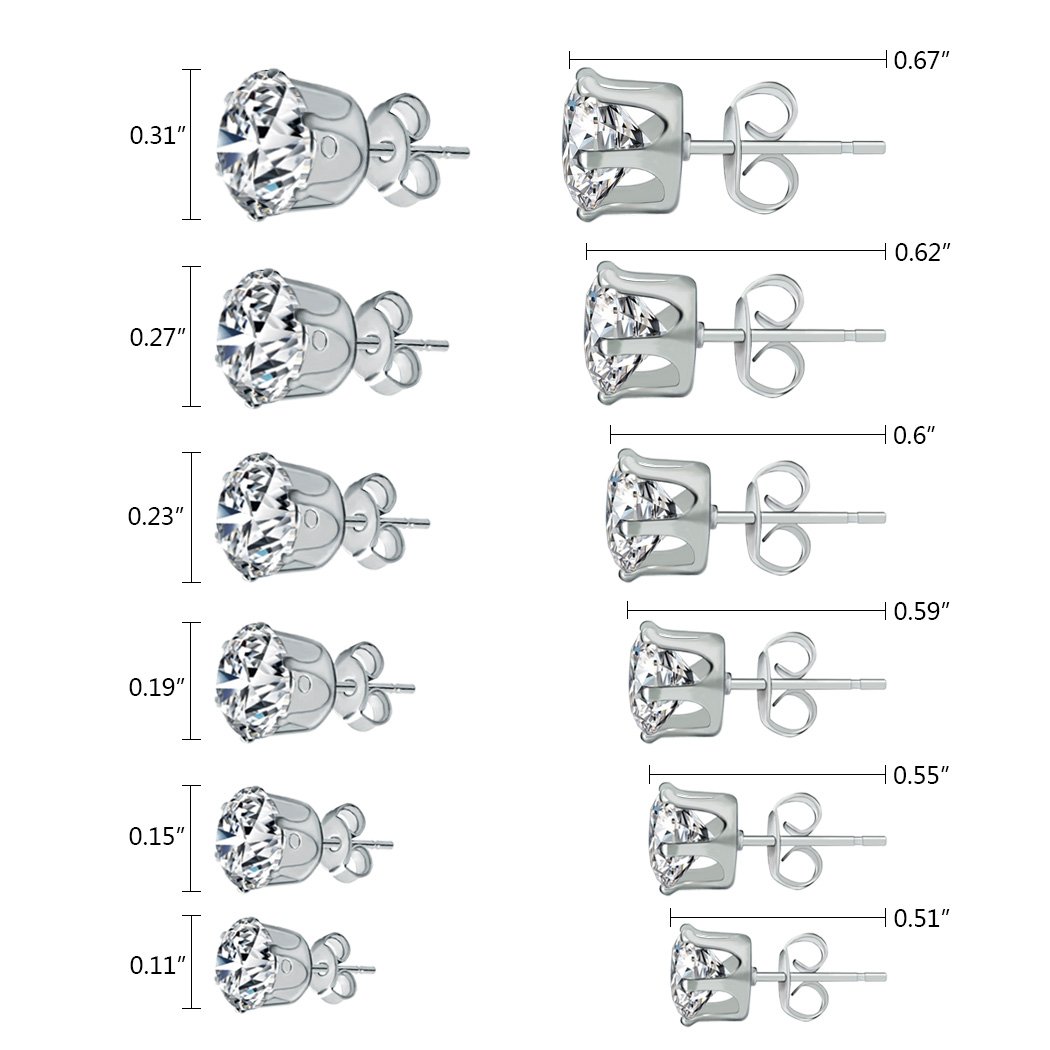 6 pares, pendientes colgantes de acero inoxidable para mujer, diamante incrustado de circona cúbico y redondo transparente, joya, pendientes perforados hipoalergénico con estrás 0.1 pulgada - 0.3 pulgada unisex, para jóvenes y mujeres, plata 2